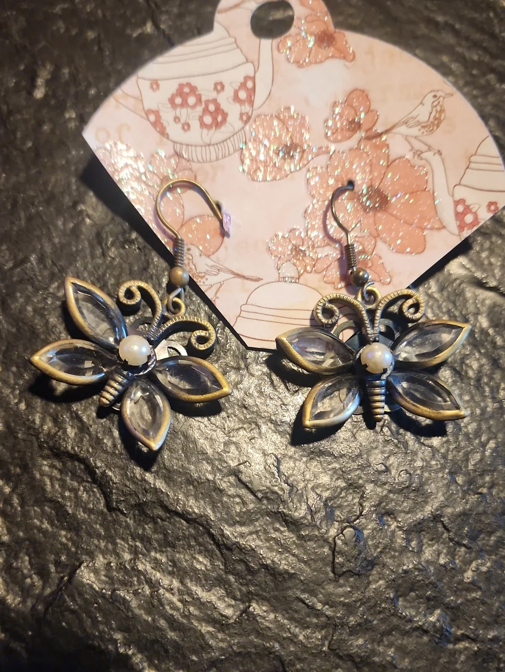 Antique Gold Butterfly Drop Earrings with Clear Crystal Wings